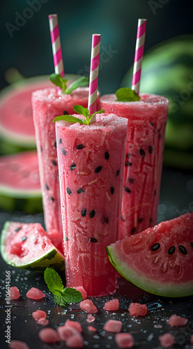 An artistic display of watermelon slush drinks with slices, mint, and dark moody lighting, summer low calories diet fruit for weight loss