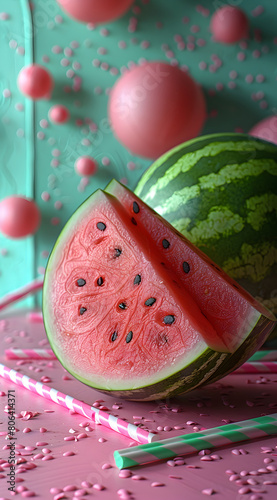 A sliced watermelon presented on a vibrant pink and turquoise setup with a modern, playful vibe, summer low calories diet fruit for weight loss