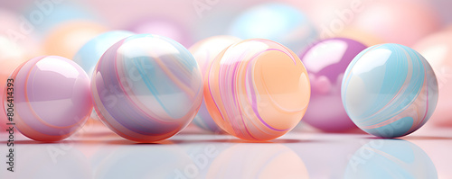 Detailed image of large, marble, pastel, shiny spheres with colorful stripes on a reflective surface with a pastel background, banner, background, backdrop, wallpaper, website