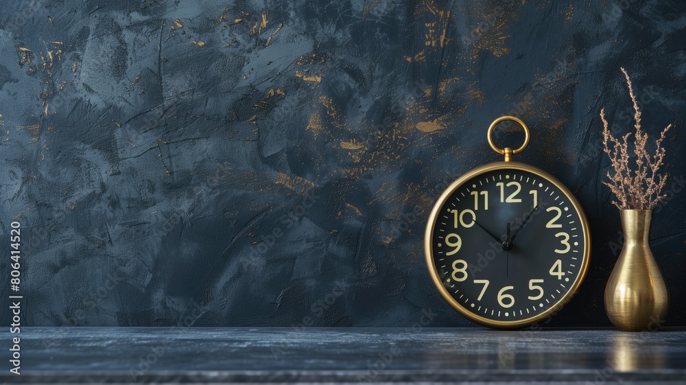 Antique golden pocket watch next to vase with dried plants against textured dark background