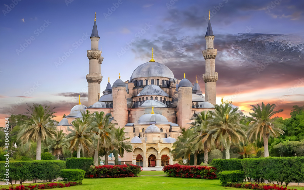 view of the mosque with a beautiful galaxy sky background