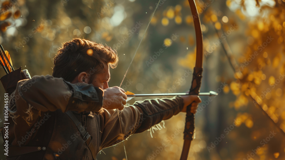 Naklejka premium Person aiming with bow in forest at dusk