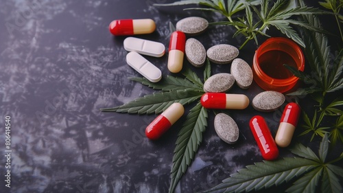 Various pills and capsules on dark surface with cannabis leaves open prescription bottle photo