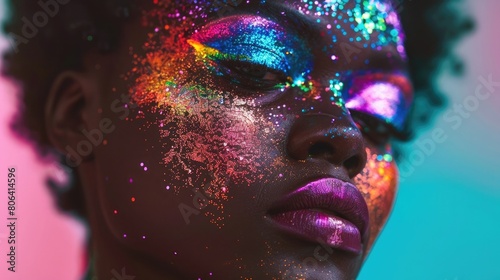Beautiful black african american queer drag queen wearing glitter makeup face paint in a gay city nightclub