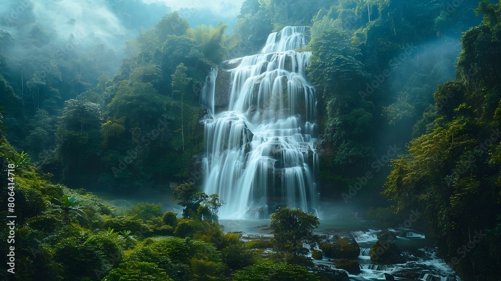 Beautiful waterfall in lush tropical green forest. Nature landscape. Mae Ya Waterfall is situated in Doi Inthanon National Park, Chiang Mai, Thailand. Waterfall flows through jungle on mountainside.