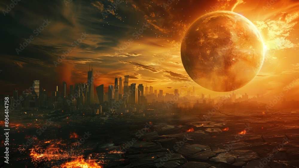 Apocalyptic cityscape with large planet looming over fiery ruins under dramatic sky