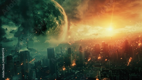 Futuristic cityscape with large planet and sun  evoking apocalyptic sci-fi