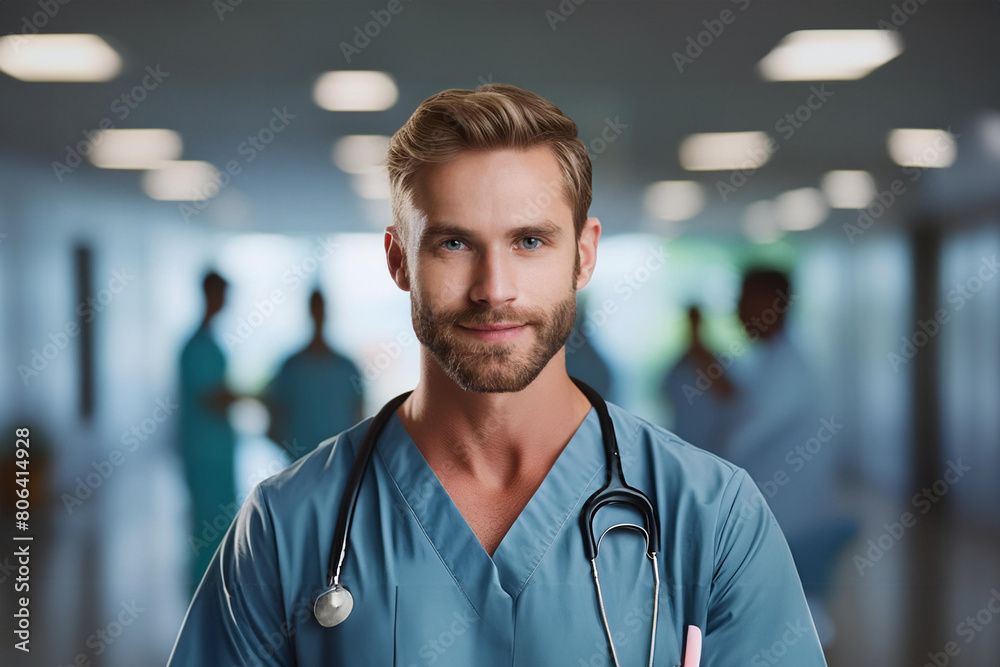 Confident male nurse in hospital corridor with team Confident male nurse in hospital corridor with team