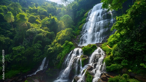 Beautiful waterfall in lush tropical green forest. Nature landscape. Mae Ya Waterfall is situated in Doi Inthanon National Park  Chiang Mai  Thailand. Waterfall flows through jungle on mountainside.