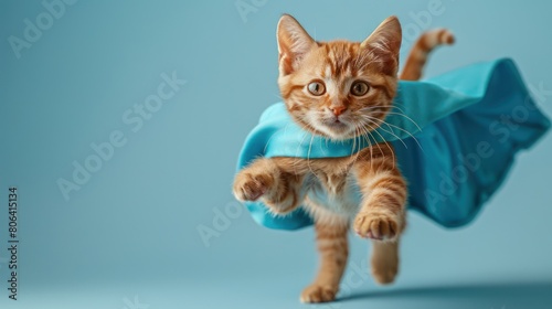 Flying Superhero Cat: Cute Orange Tabby in Blue Cloak and Mask, Leading as a Funny Animal Leader on Light Blue Background with Copy Space - Studio Shot © hisilly
