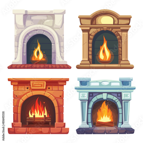 Four cartoonstyle fireplace designs featuring flames, colorful mantels, cozy hearths. Vibrant fireplaces illustrated, ranging classic stone elegant wood designs, lively fire. Comforting hearth