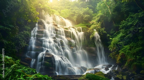 Beautiful waterfall in lush tropical green forest. Nature landscape. Mae Ya Waterfall is situated in Doi Inthanon National Park, Chiang Mai, Thailand. Waterfall flows through jungle on mountainside. © Ziyan