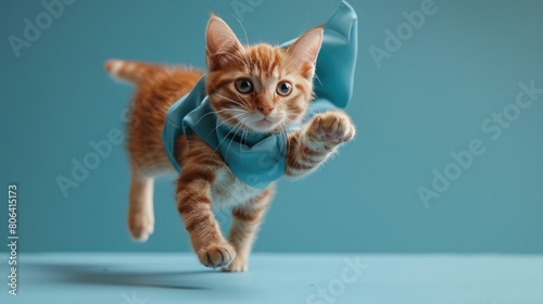 Flying Superhero Cat: Cute Orange Tabby in Blue Cloak and Mask, Leading as a Funny Animal Leader on Light Blue Background with Copy Space - Studio Shot © hisilly
