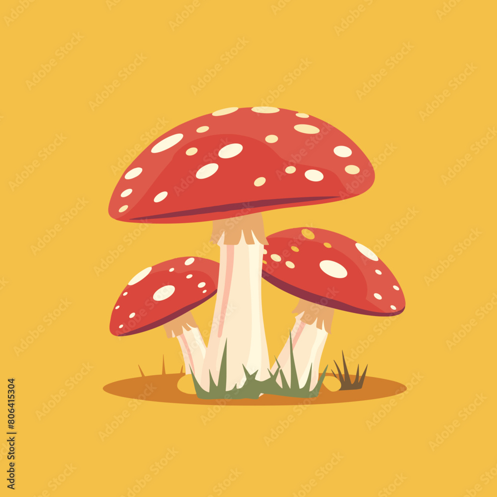 Three red mushrooms with white spots on them are standing in a field. The mushrooms are close to each other and appear to be growing in a natural setting Three red mushrooms with white spots on them are standing in a field. The mushrooms are close to each other and appear to be growing in a natural setting