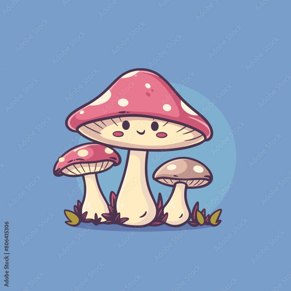 A cartoon mushroom with a smile on its face is sitting on a grassy area with two other mushrooms nearby