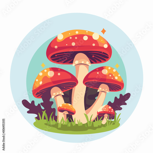 Three red mushrooms are growing in a field of grass. The mushrooms are surrounded by green grass and a blue sky
