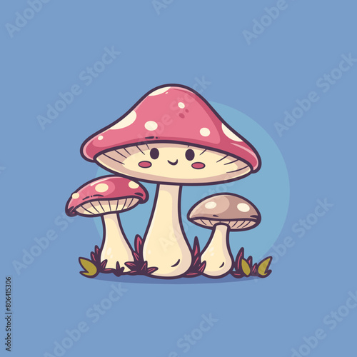 A cartoon mushroom with a smile on its face is sitting on a grassy area with two other mushrooms nearby
