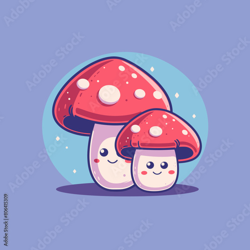 Two cartoon mushrooms are smiling and looking at the camera. They are sitting next to each other on a blue background