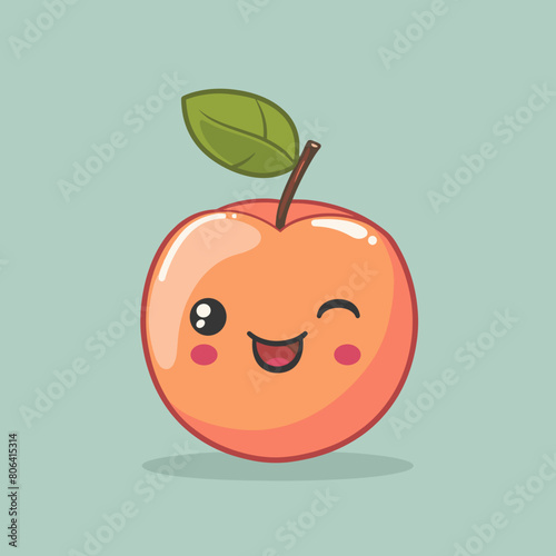 A cartoon peach with a leaf on top. The peach is smiling and has a happy expression. The leaf is green and adds a touch of nature to the drawing