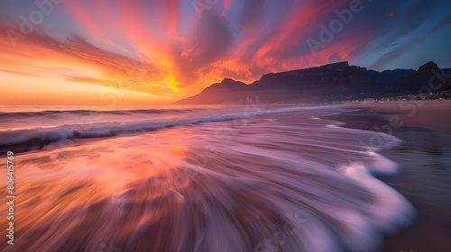 Cape Town Sunset over Camps Bay Beach with Table Mountain and Twelve Apostles in the Background 