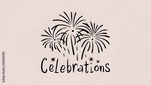 A minimalist and elegantly simple black and white, child-like and charming line drawing of fireworks. The word 'celebrations' is inscribed

in a whimsical hand written style, completing the illustrati photo