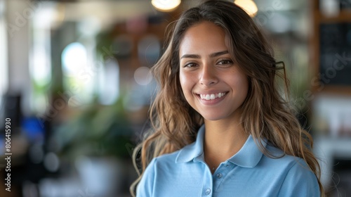 Happy Hispanic Woman in Blue Polo Collar Shirt Working at Office Desk with a Smile