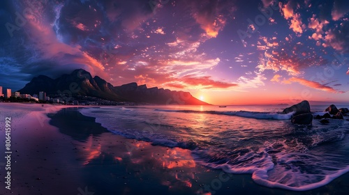 Cape Town Sunset over Camps Bay Beach with Table Mountain and Twelve Apostles in the Background 