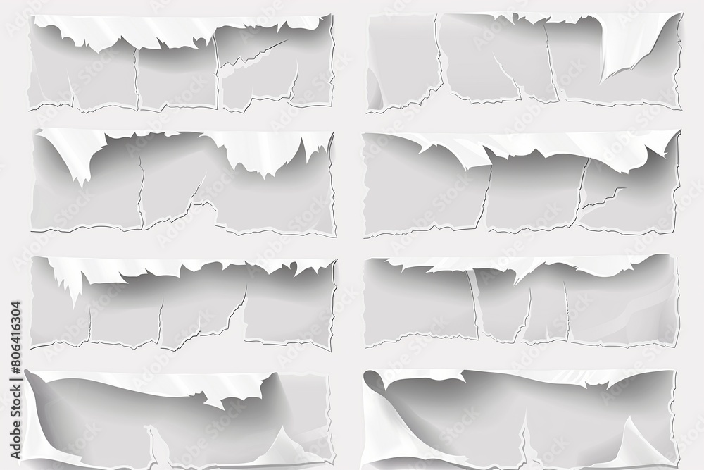 Set of white torn or ripped paper sheet. Scrapbook edge, notebook tear ...