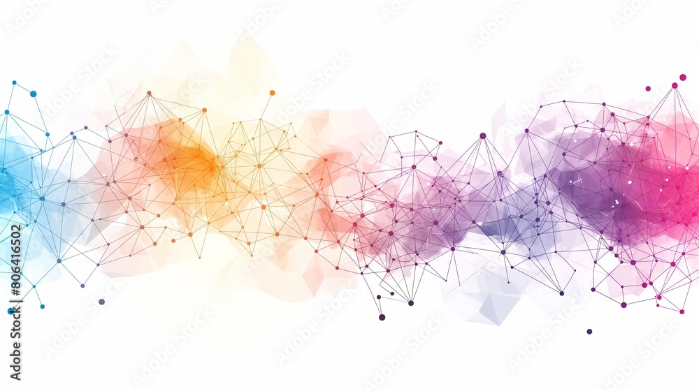 On a white background, an abstract tech illustration portrays interconnected nodes and polygonal shapes, serving as a digital network concept suitable for business or science designs. On a white background, an abstract tech illustration portrays interconnected nodes and polygonal shapes, serving as a digital network concept suitable for business or science designs.