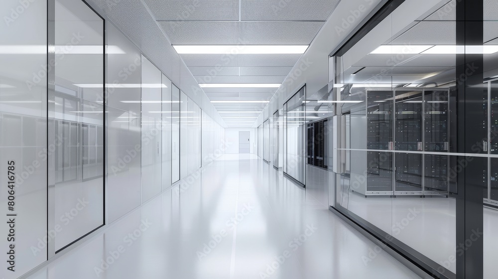 Fototapeta premium 3D rendering of a modern server room with white walls and glass fronted cabinets containing high-performance computer workframes.