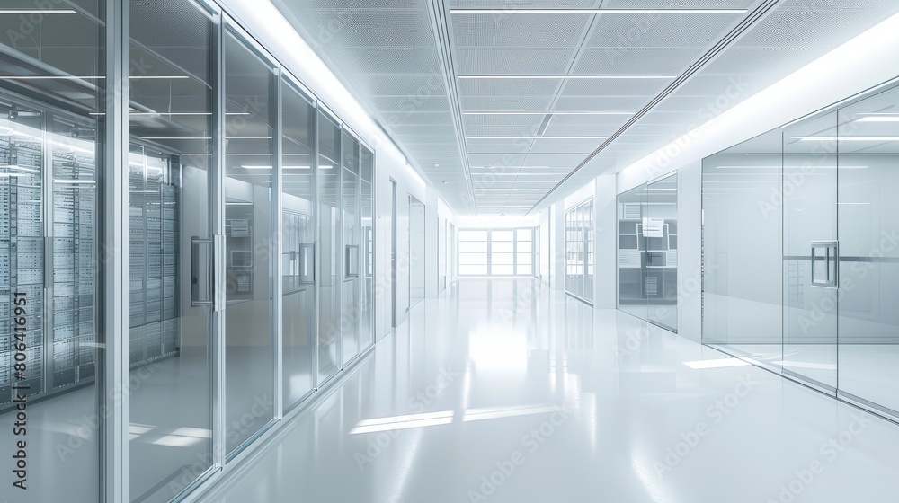 3D rendering of a modern server room with white walls and glass fronted cabinets containing high-performance computer workframes. 3D rendering of a modern server room with white walls and glass fronted cabinets containing high-performance computer workframes.
