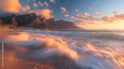 Cape Town Sunset over Camps Bay Beach with Table Mountain and Twelve Apostles in the Background
 photo