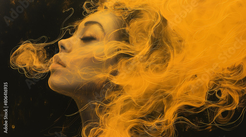 A black and yellow drawing of smoke with a beautiful woman's face art