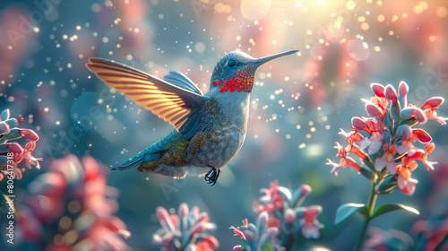 A mesmerizing scene of a hummingbird in mid-flight, gracefully navigating through glistening blossoms with a magical backdrop.