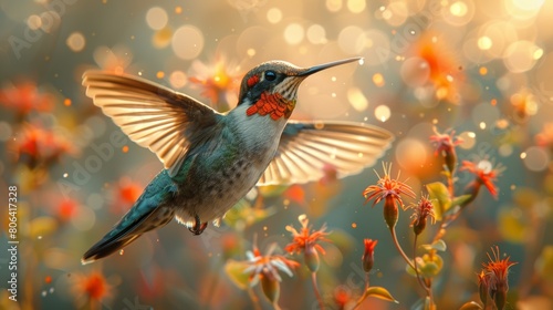 A breathtaking image of a hummingbird gliding mid-flight among radiant orange flowers, illuminated by golden sunlight and sparkling droplets.