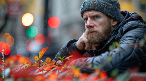 A man with a beard and a beanie is sitting on a bench and thinking about something. photo