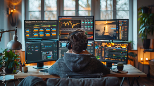 A man wearing headphones is sitting in front of multiple computer monitors. professional financial trader intensely monitors diverse data across multiple screens in a well-equipped home office. photo