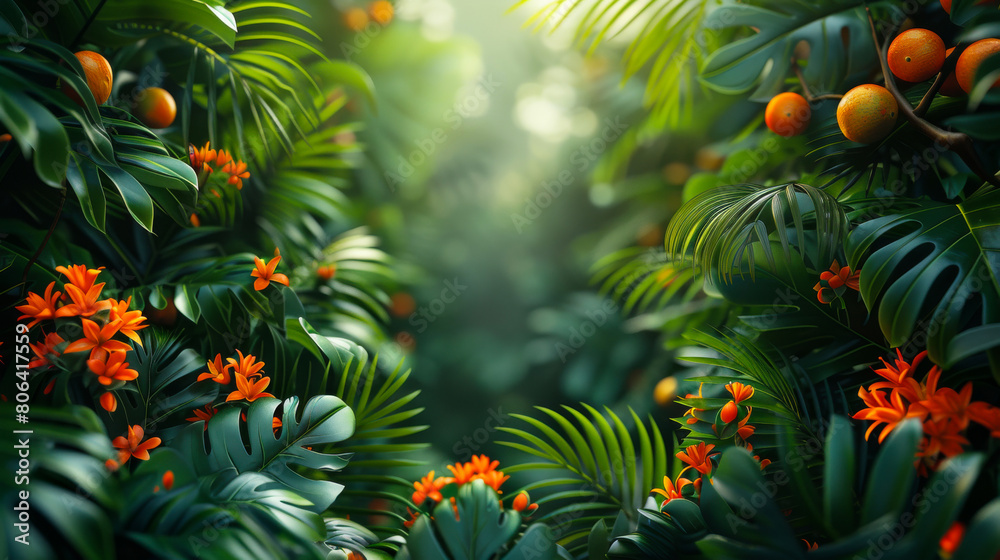 The lush green foliage of the jungle is the perfect backdrop for this stunning image. The bright orange flowers add a pop of color, while the soft sunlight creates a warm and inviting atmosphere. The lush green foliage of the jungle is the perfect backdrop for this stunning image. The bright orange flowers add a pop of color, while the soft sunlight creates a warm and inviting atmosphere.
