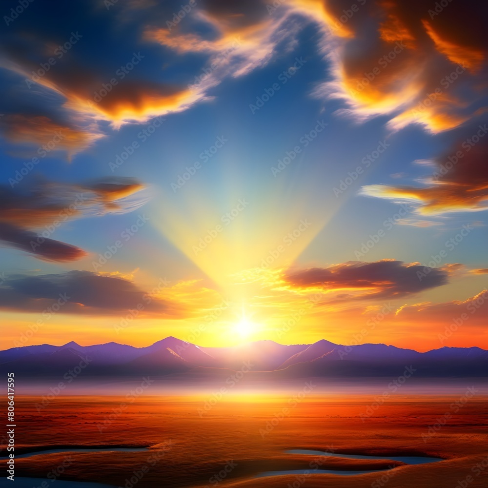 wide shot of open landscape at dawn, bright orange yellow neon shape floating in the center in the distance, mountains far away, mesmerizing clouds, god rays 