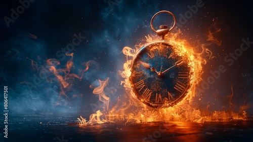 An clock with smoke and fire on a dark background.