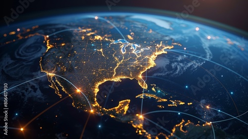 Global network of communication lines connecting North America, South America and Europe on Earth's surface against a dark background