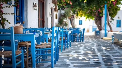 Outdoor Cafe With Blue Chairs On Street Of Typical Greek Traditional Village On Mykonos Island