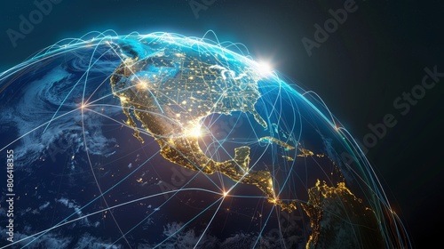 Global network of communication lines connecting North America, South America and Europe on Earth's surface against a dark background