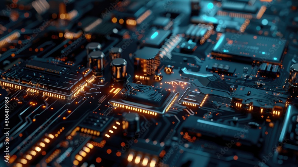 Close-up of complex circuit board with illuminated data pathways