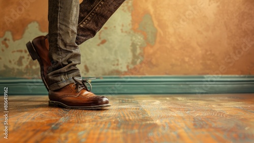 Person in jeans with brown leather shoes stepping forward on wooden floor rustic background photo