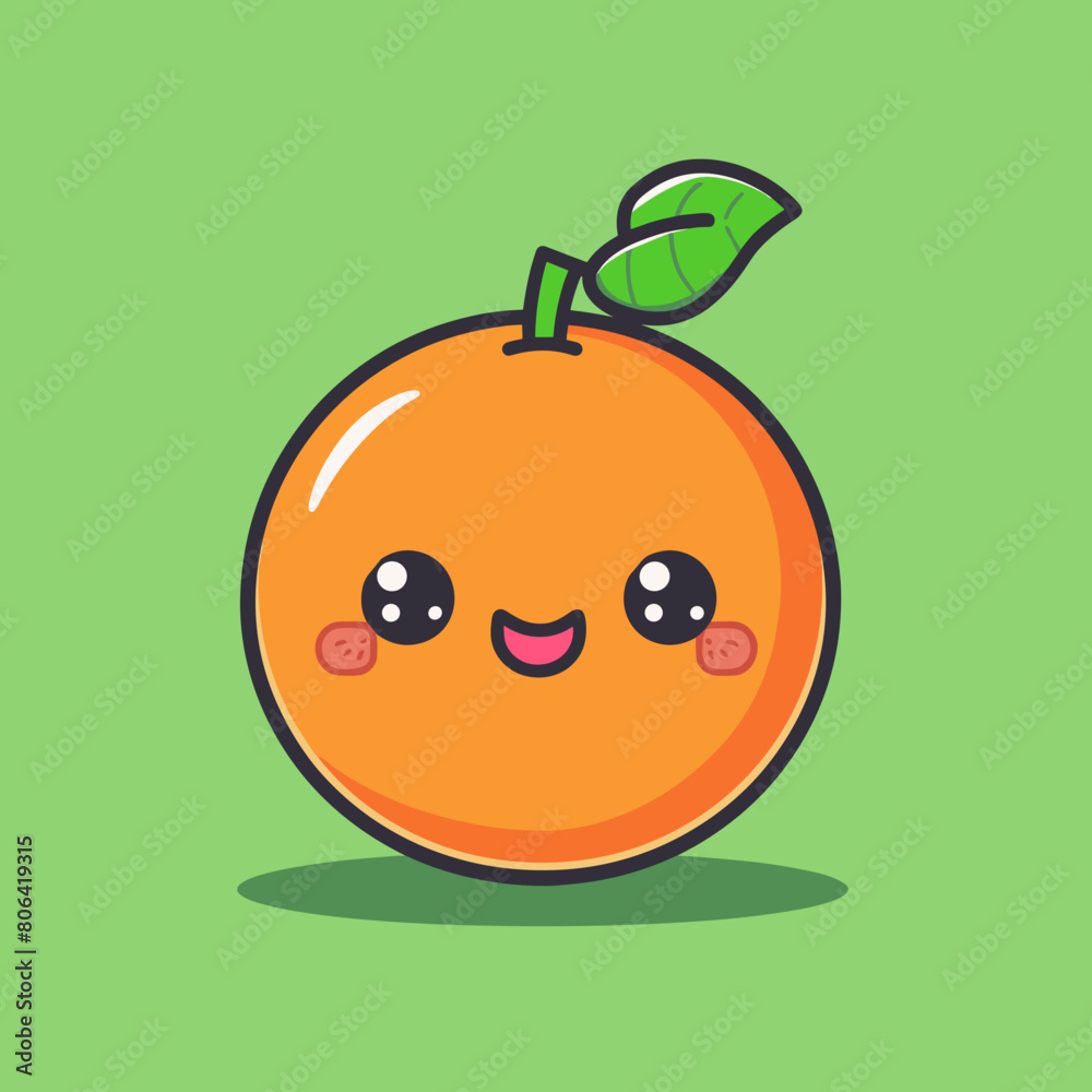 A cartoon orange with a green leaf on top of it. The orange is smiling and has a happy expression