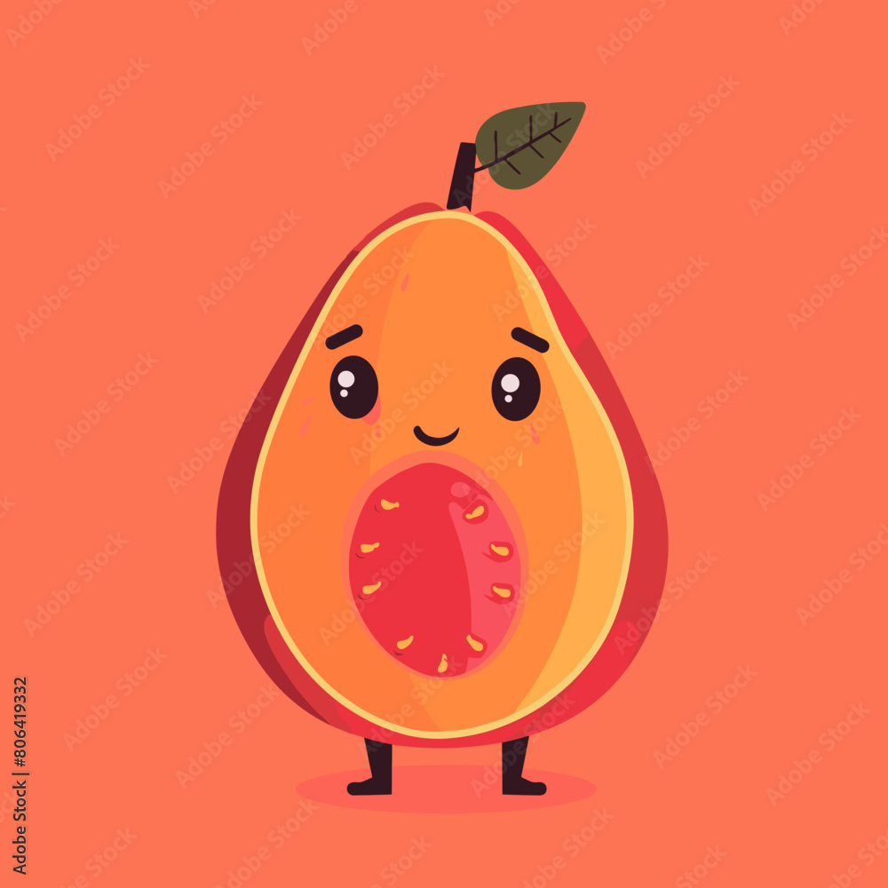 Fototapeta premium A cartoon fruit with a sad face and a mouth that is open. The fruit is orange and has a leaf on top