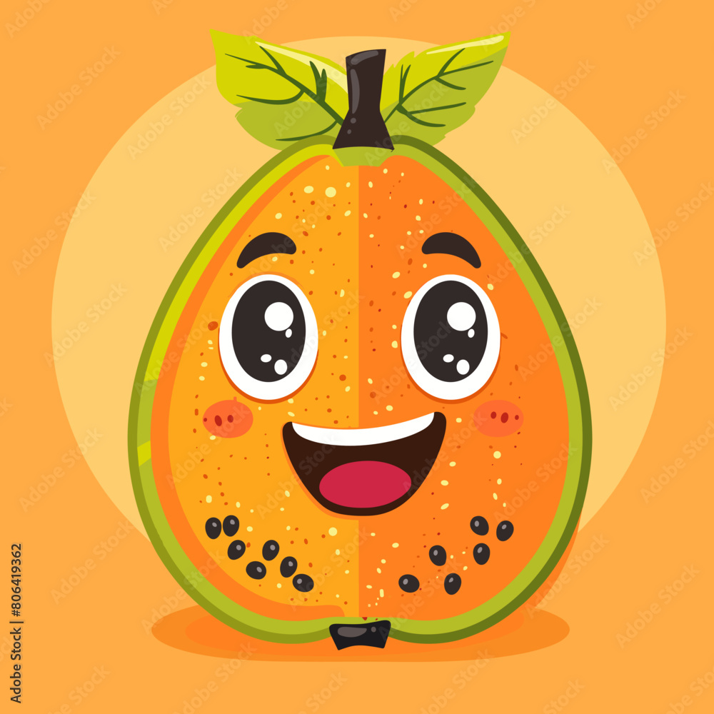 A cartoon Papaya fruit with a smiling face and a green leaf on top. The fruit is Papaya and has a black spot on it A cartoon Papaya fruit with a smiling face and a green leaf on top. The fruit is Papaya and has a black spot on it