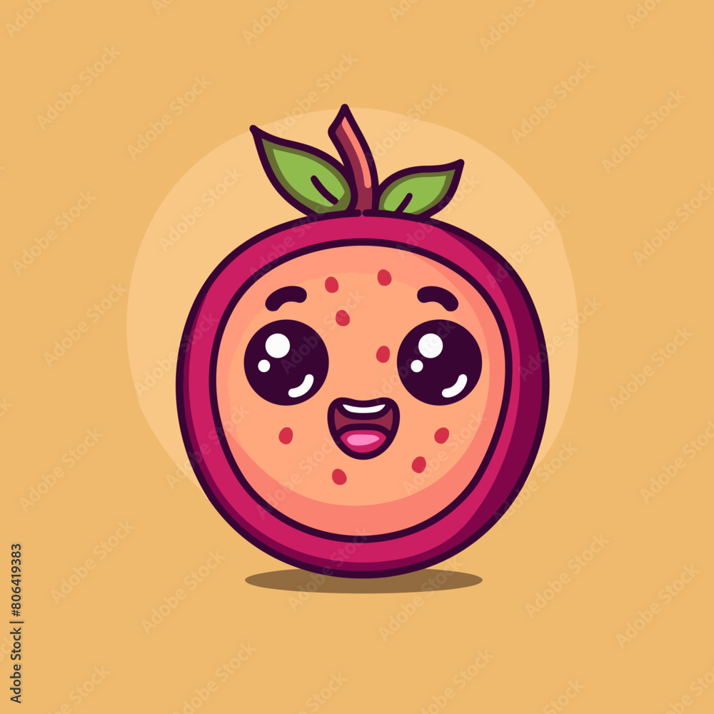 Obraz premium A cartoon Passion fruit with a smiling face and a leaf on top