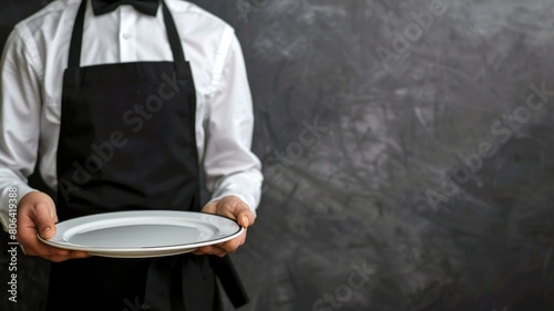 Person in waiter attire holding empty plate  midsection visible  against dark background